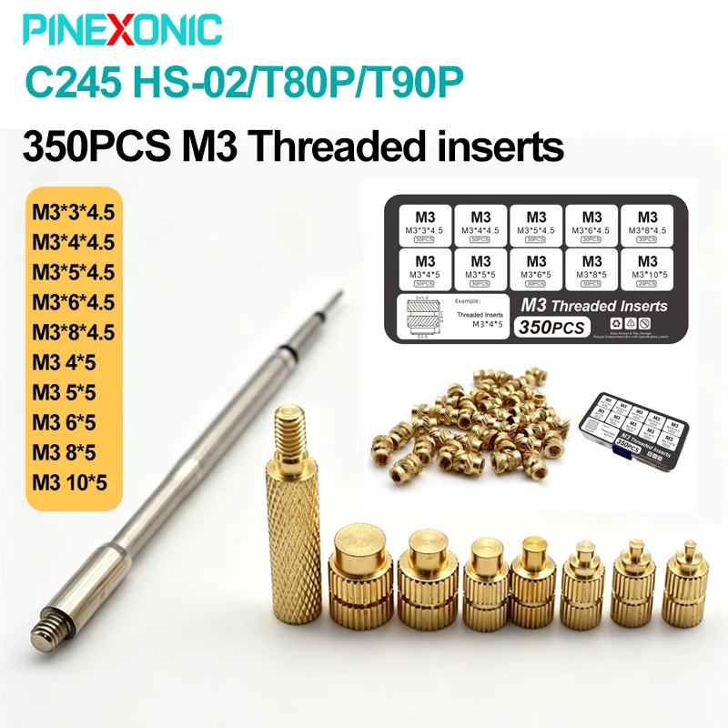 350PCS M3 Brass Heat Insert Nut With C245 Rapid Hearting Replacement Tip for C245 HS-02A T80P T90B 936 Soldering Iron
