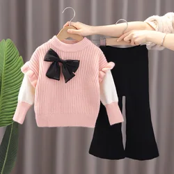 Children Girl Sweater 2PCS Clothes Set Autumn Winter Knitwear+flared Pant Baby Girl Suit 1-6Y Girls Bow Spliced Pullovers Outfit