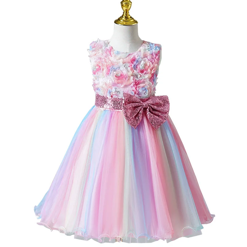 Luxus Mädchen Regenbogen Farbe Prinzessin Kleid Blumen mädchen Hochzeits kleid High-End Französisch Kinder Puffy Kleid elegantes Party kleid