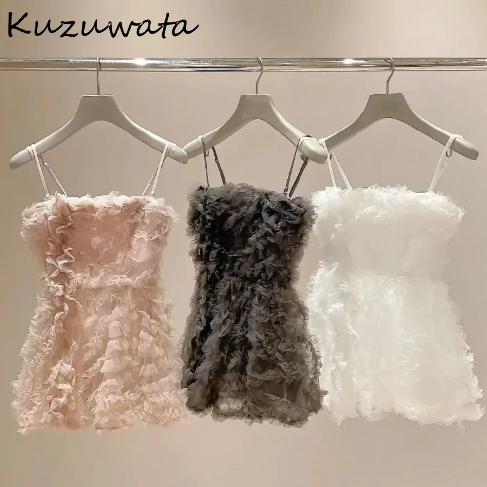 Kuzuwata Sweet Slash Neck Ruched Fungus Shirt All-match Casual Fresh Sling Voile Blouses Japan Women New Hemline Ball Gown Tops