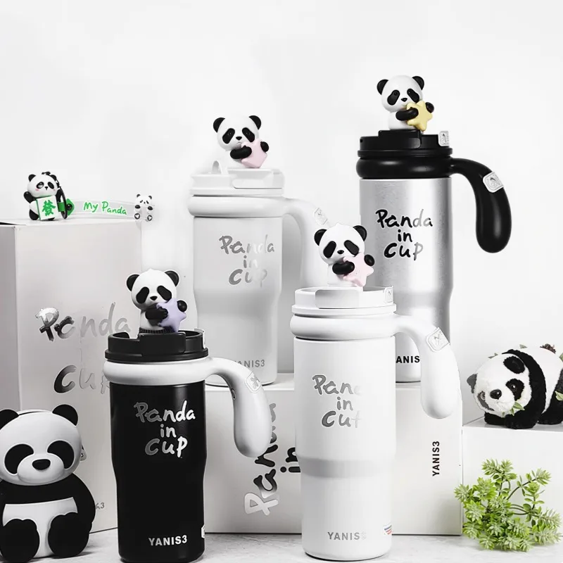 

New Panda Ice King coffee cup for men and women, large capacity, ceramic inner liner, giant with handle and straw, insulated
