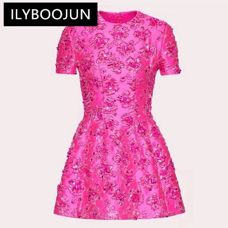 

S-XL High Quality New Fashion Exquisite Customized Fabric Jacquard Beads Fabric Round Neck Short Sleeve Slim Fit Women's Dress