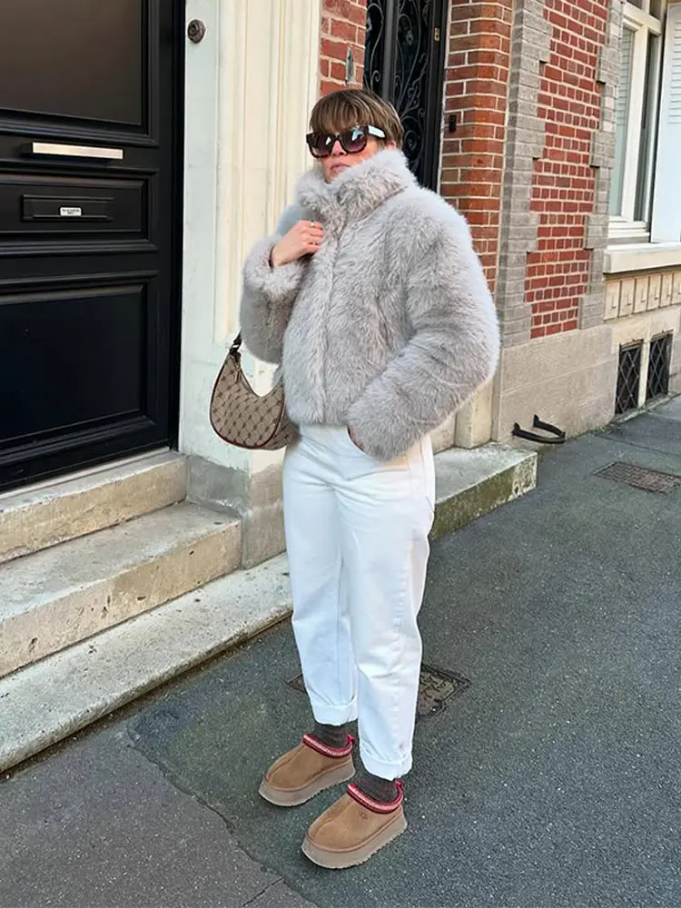 여성 우아한 인조 모피 코트 따뜻한 플러피 루즈 긴 소매 라펠 재킷 2025 가을 겨울 하이 스트리트 여성 아우터웨어