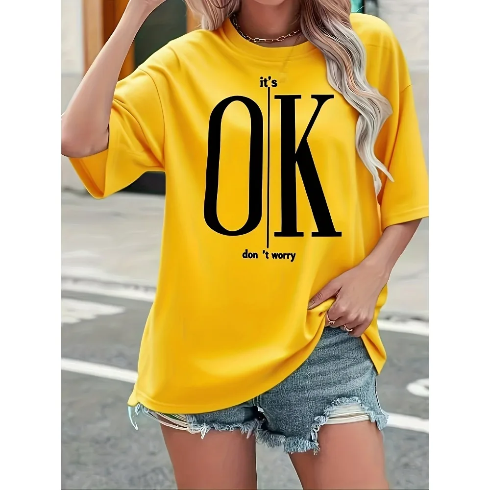 Motivational Fashion Statement T-Shirt It's OK Black with White Letter Print Round Neck Casual Elegant Top Minimalistic Design