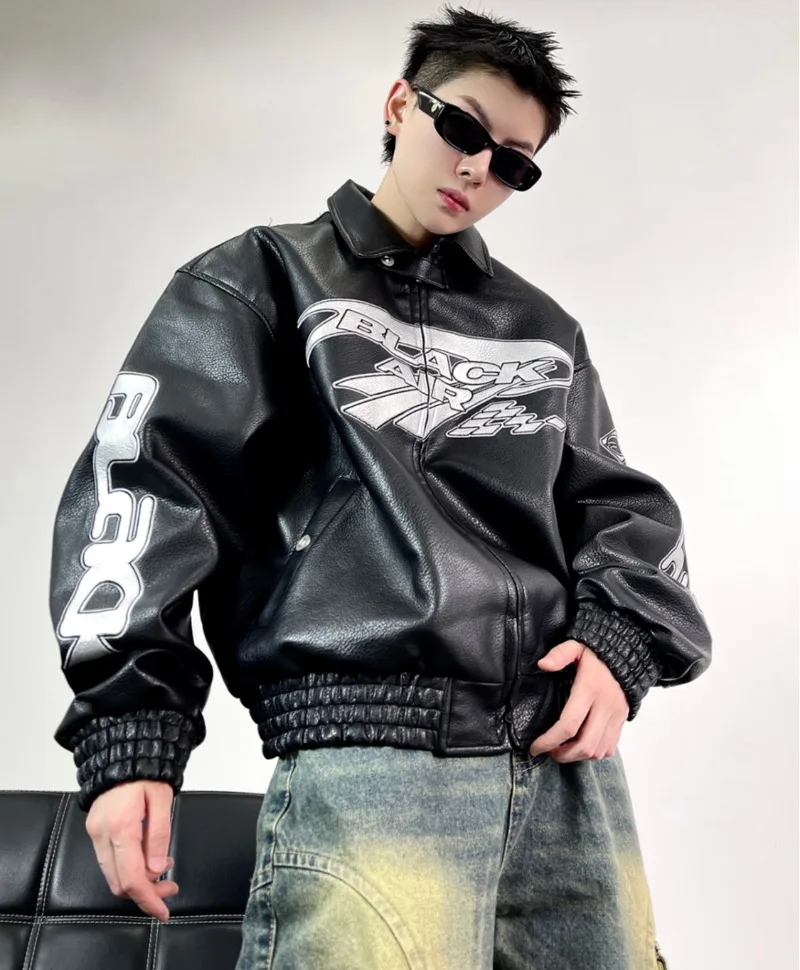 Streetwear Embroidered PU Leather Jackets for Men Loose Moto Biker Jackets Racing Coats Windbreaker Fashion Men Bomber Jacketss