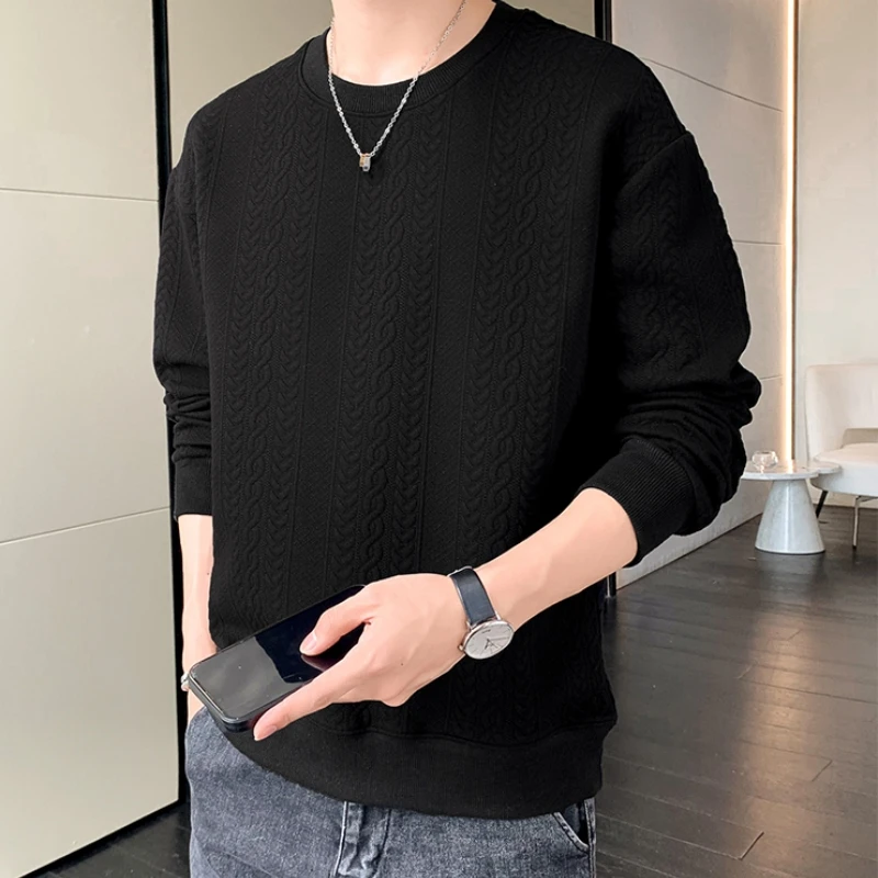 Autumn and Winter Men\'s Pullover Round Neck Patchwork Solid Color Loose Fitting Long Sleeved Texture Long Sleeved Sweatshirts