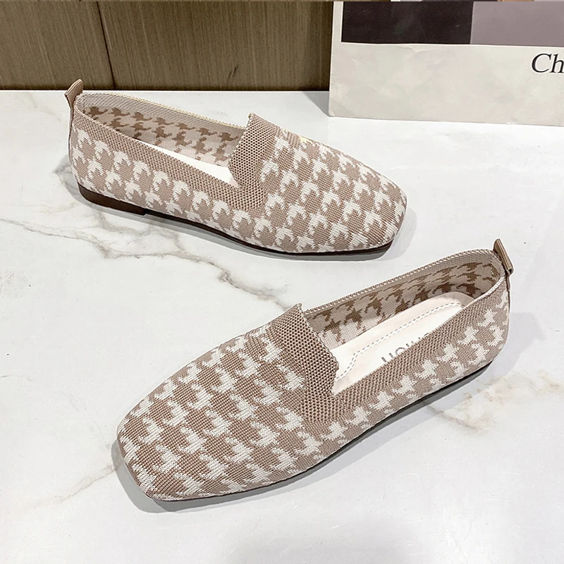 Woman Loafers Houndstooth Knitted Slip On Shoes Spring Flat Moccasins Ladies Wide Fit Zapatos De Mujer