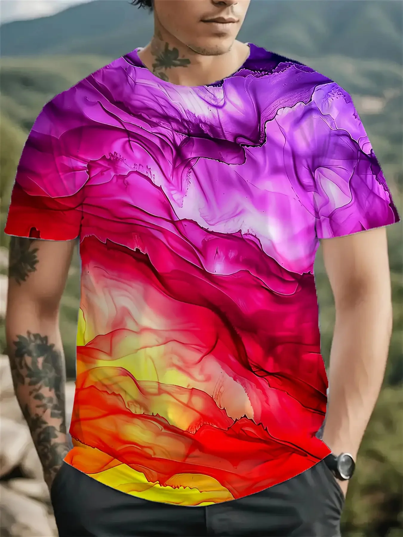 Men's Gradient Purple Red Yellow Ink Flow Print T-Shirt Crew Neck Short Sleeve Abstract Casual Graphic Tee Tops