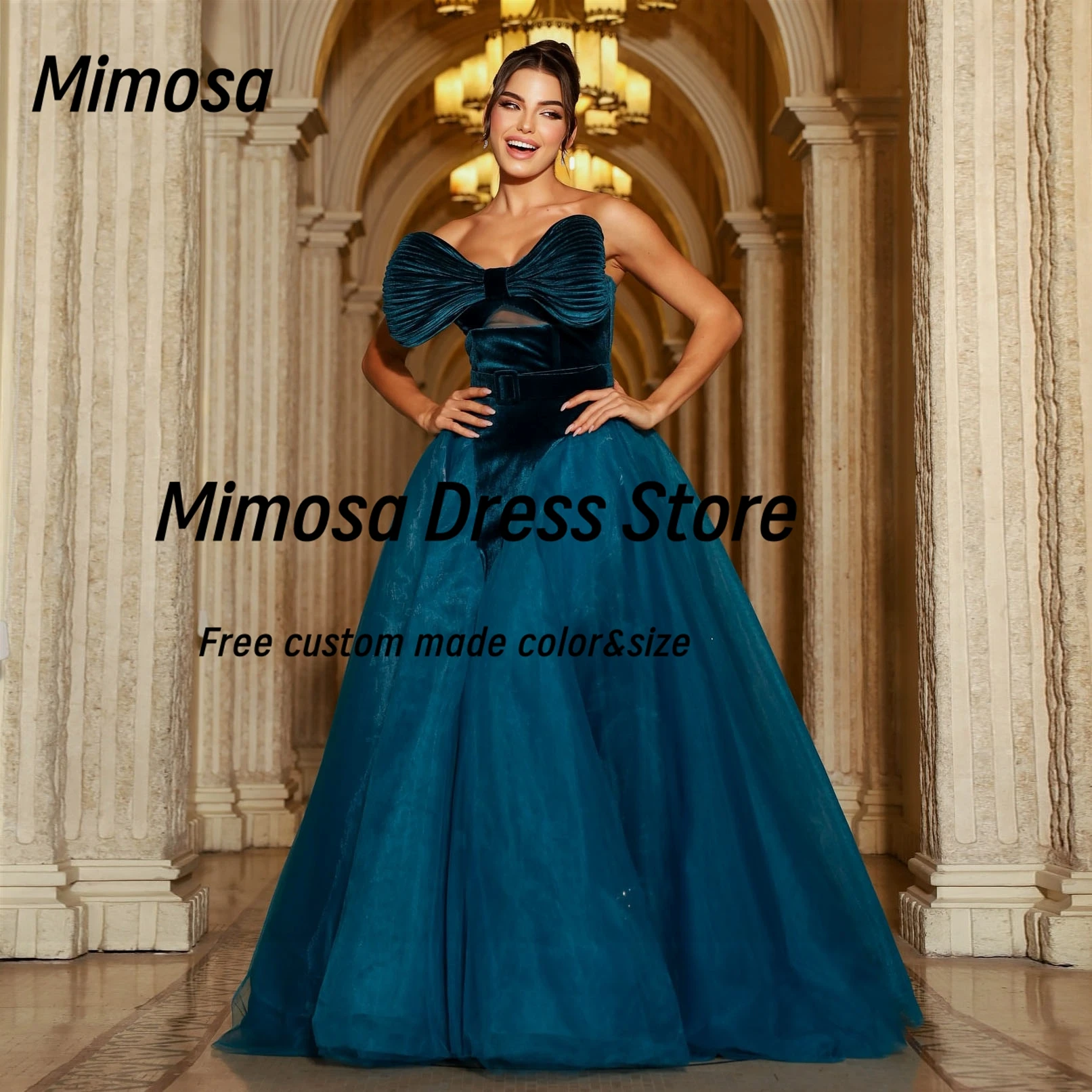 

Mimosa Bespoke Big Bow Neckline Prom Dresses Sexy Zipper Back Evening Dress Long Ruched Birthday Party Gowns Customized