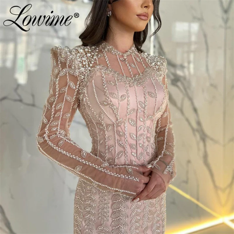 2024 Customize Pink Long Sleeve Beaded Pearls Evening Gown Arabic Mermaid Prom Dress Women Party Second Reception Birthday Dress