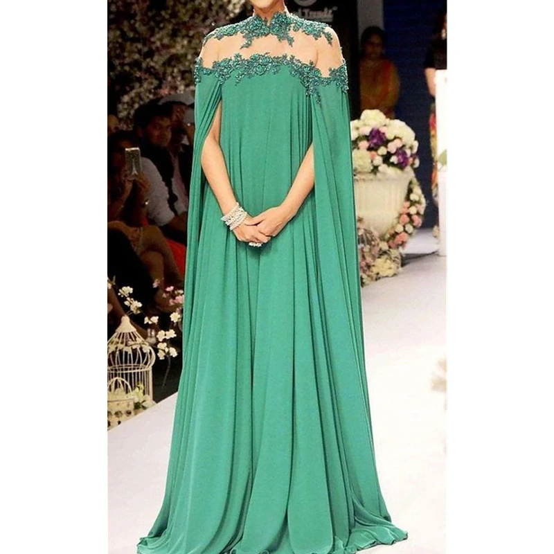 

Elegant Green Long Evening Dress Cape Sleeves Lace Appliques Illusion High Neck Chiffon Formal Occasion Dress For Women