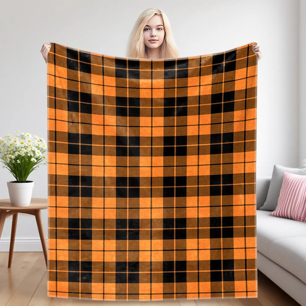 Orange Black Plaid Printed Blanket Suitable For Sofa Beds, Offices, Travel Camping Chairs, Warm Woolen Blankets