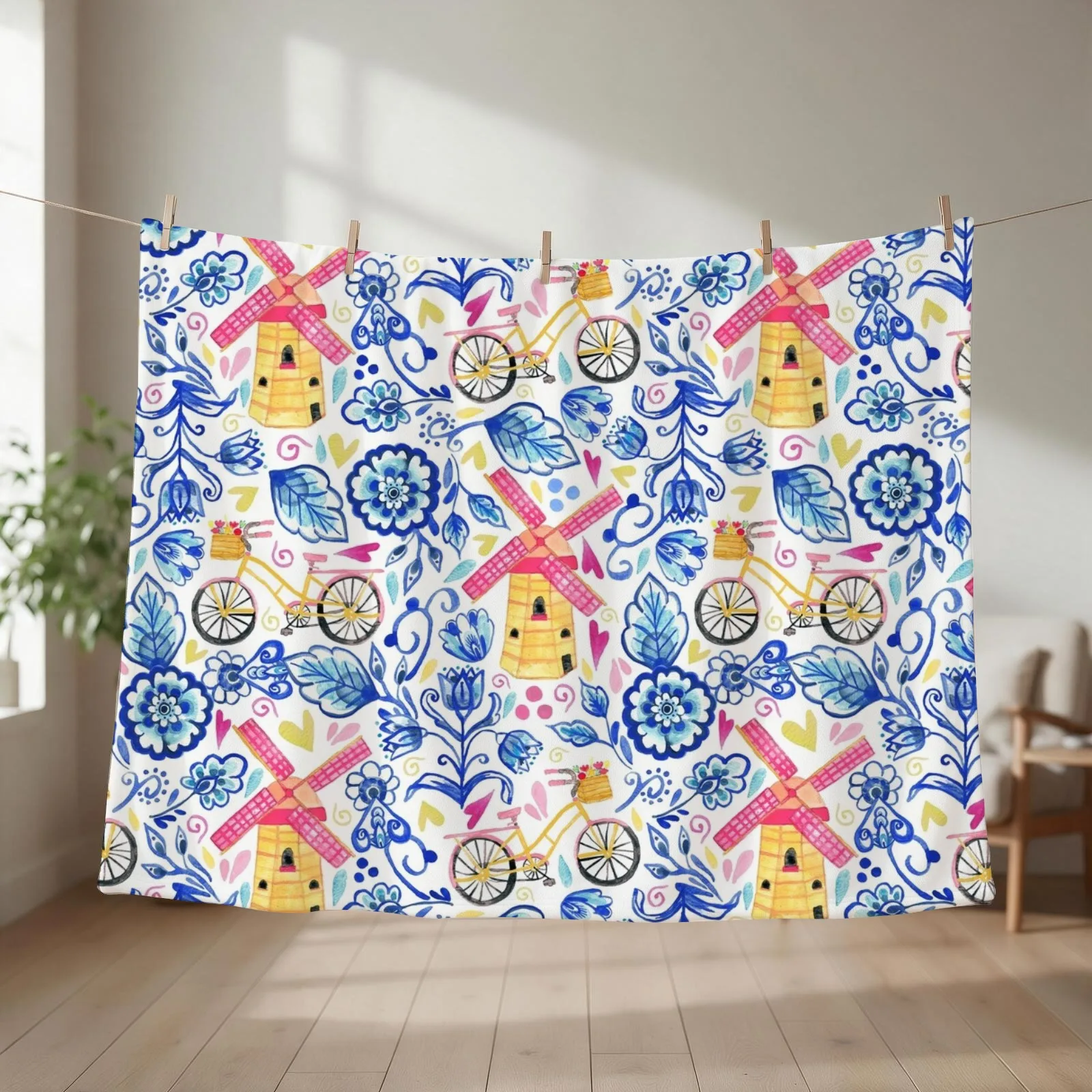 Netherlands Whimsy - Delft, Bicycles & Ornamental Windmills Throw Blanket Cute Soft Plaid Camping Blankets