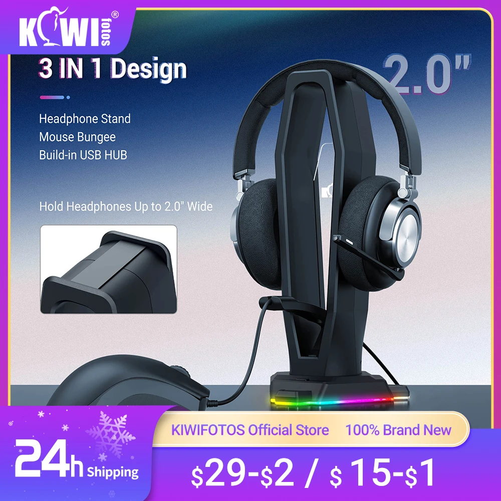 3 in 1 RGB Gaming Headset Holder Hanger Headphone Stand Desk Display with Mouse Bungee Cord Clip Wire Organizer and USB 2.0 Port