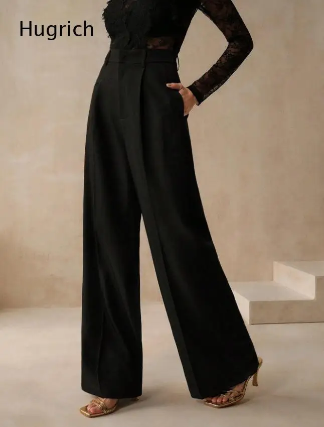 High Waist Front Pleated Wide Leg Suit Pants Matching Side Pocket Loose Floor Length Straight Formal Trousers
