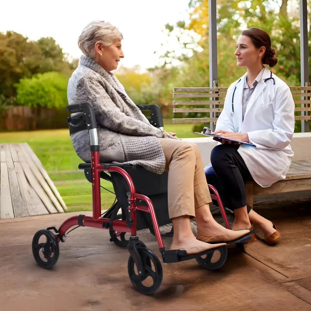 Andadores para personas mayores ajustables en altura mejorados, andador de 4 ruedas con asiento y frenos, ayuda para caminar liviana y plegable, rojo