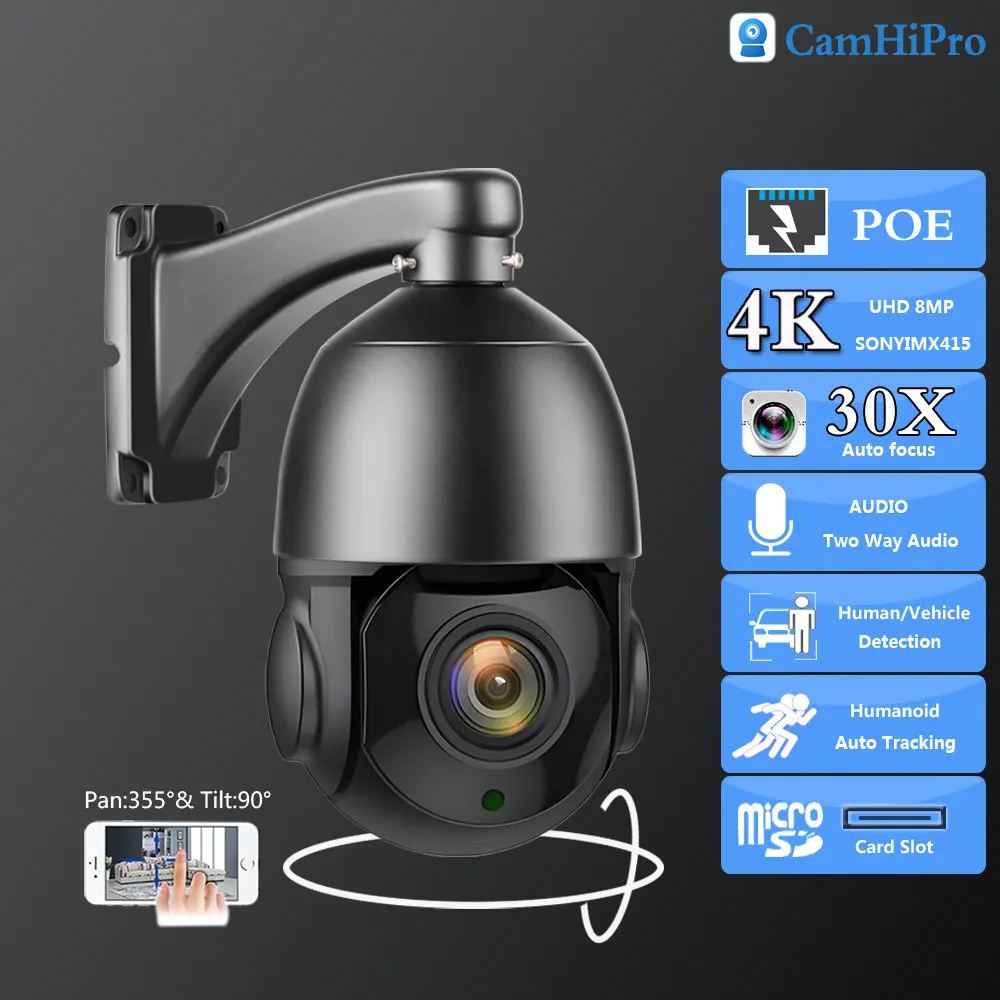 

DB6CB Black 4K 8MP SO-NY415 PTZ Dome POE 30X Auto Zoom Security Vedio Two Way Audio AI Human Tracking IR 80m Onvif Waterproof