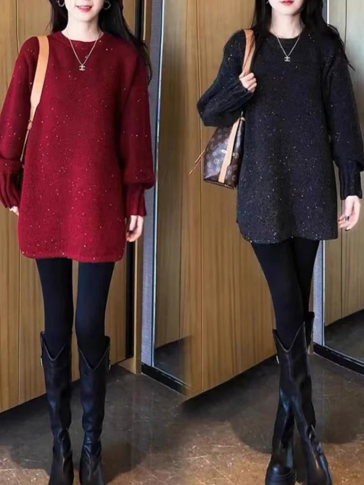 

iny Loose Women's Sweater Cover Butt plus Size Knitted Top Casual Sle Mid-Length round Ne Long Sve Winter Faion