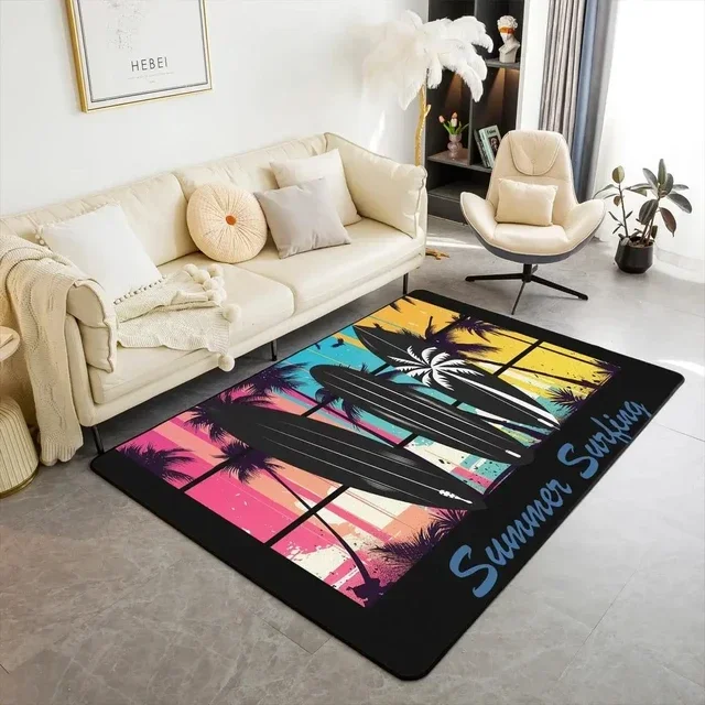 Surfboard Area Rug for Living Room Extreme Sport Carpet Hawaii Summer Tropical Leaves Floor Mat Ocean Beach Decorative Doormat