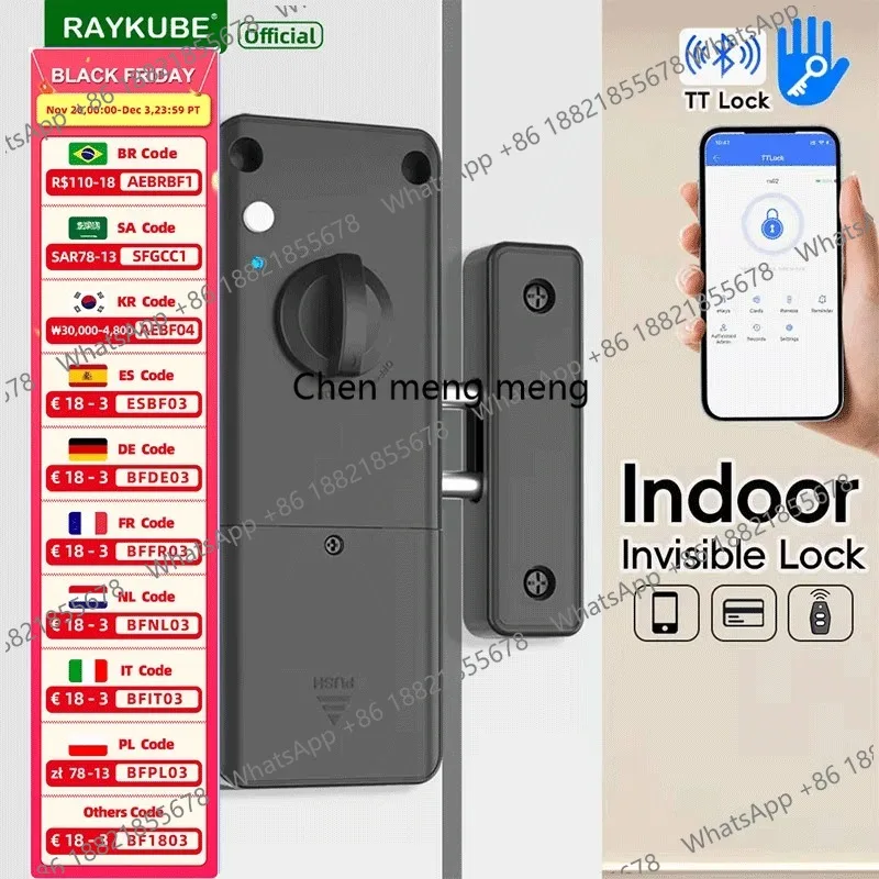 RX02 Drilling Free TT Lock Bluetooth Indoor Invisible Smart Lock with 13.56 IC Card /TT Lock APP/Remote control Unlock