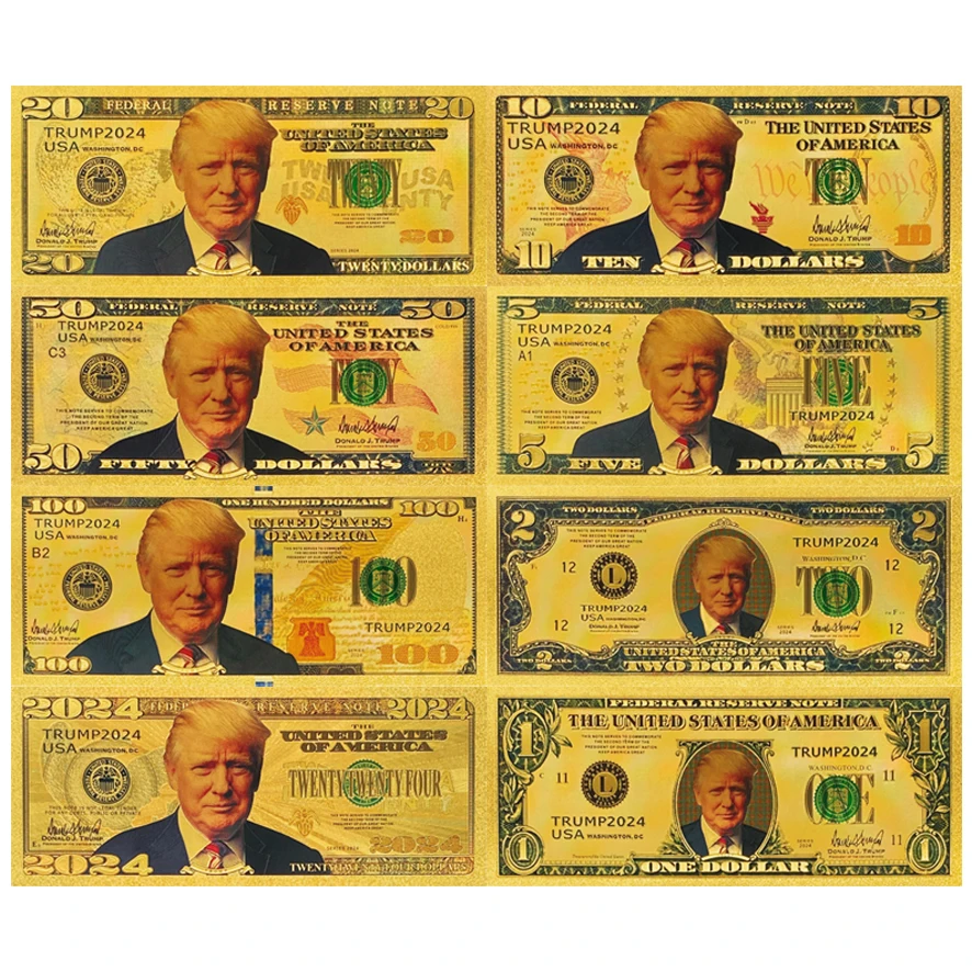 8 designs set/lot Wholesale Beautiful 2024 Trump 24K Gold Banknote Make America Great Again Cards