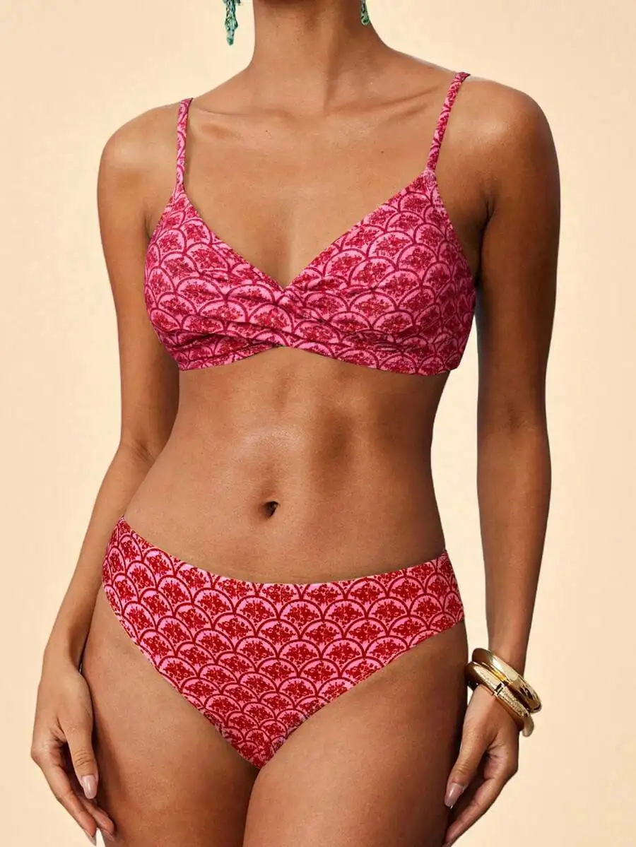 

Womens Ruched Triangle Bikini Set With All Over Print Beach Vacation Swimwear