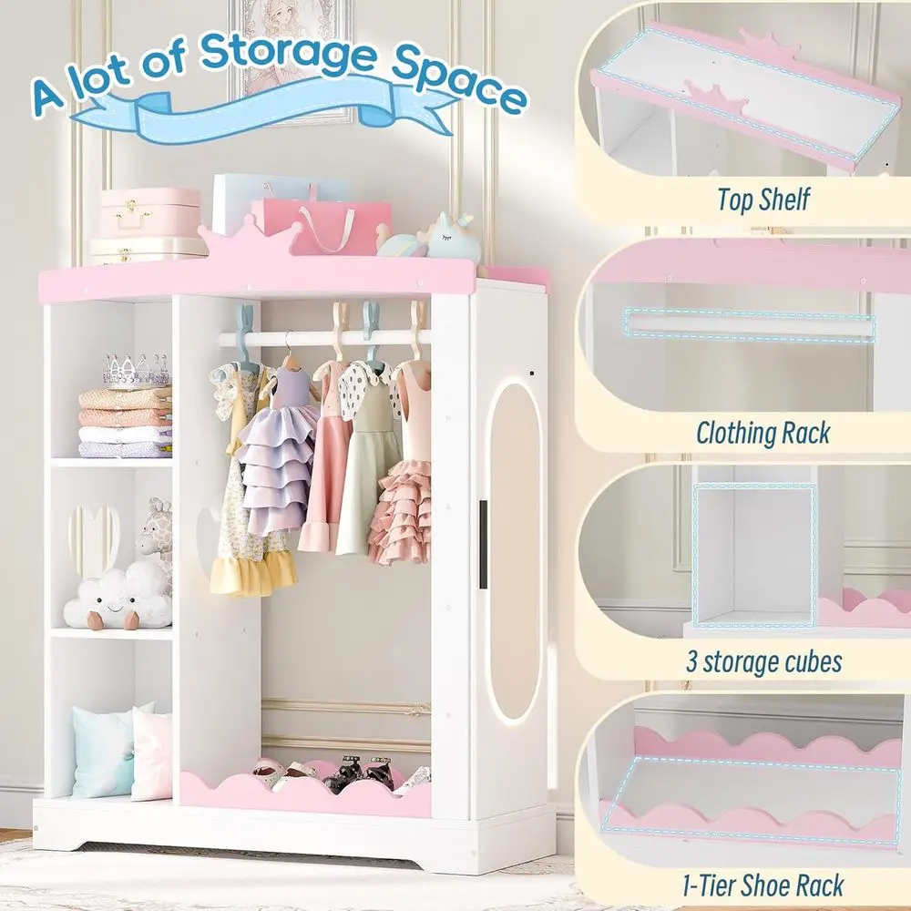 Children's Closet Cabinet with Drawers, Storage Unit with Shelves & Mirror, Hanging Rack Wardrobe for Costumes, Toddler-Friendly - view 3