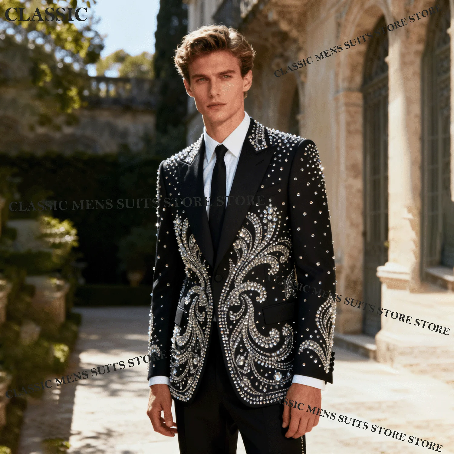 

Sparkly Customized Metallic Jewelry Ornament Tuxedo Men Suits 2 Piece Wedding Groom Male Prom Blazer Slim Party Ternos Completo