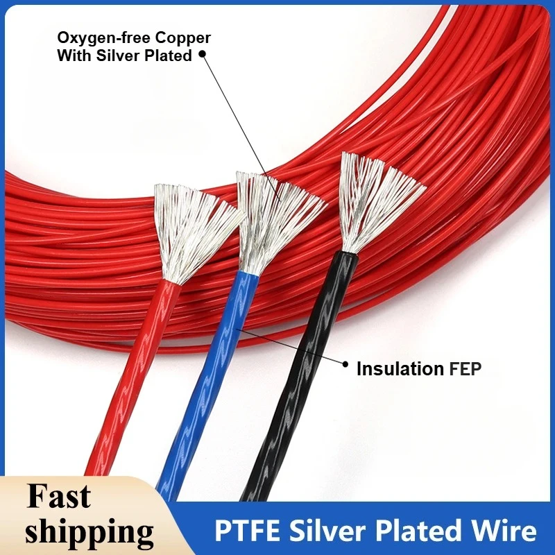 1/5M PTFE Silver Plated Wire 10/11/13/14/15/18/20/22/24/26/28/30 AWG High Purity OFC Copper Cable For 3D Printer DIY 300V