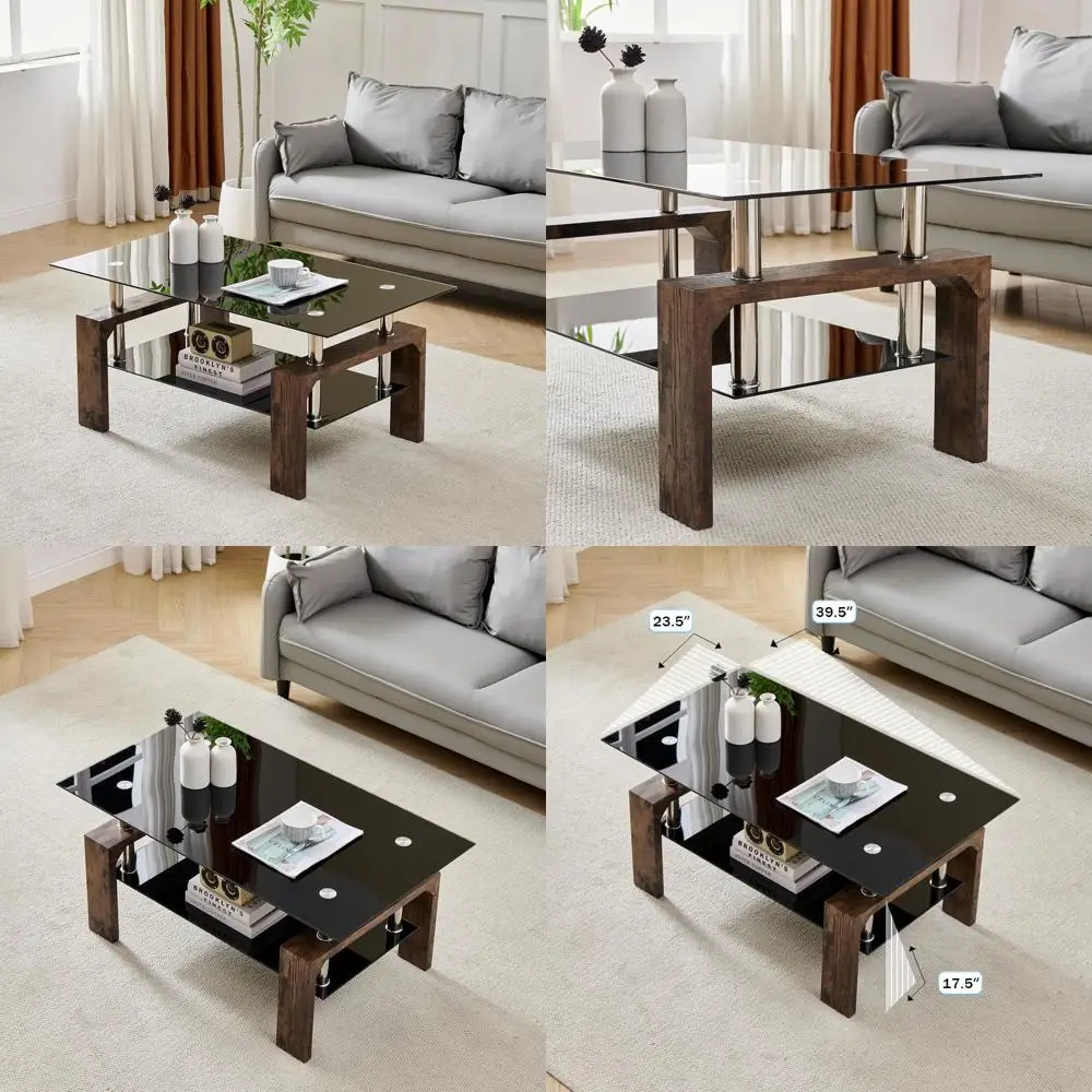 

Modern Rectangular Coffee Table with Wooden Legs, Glass Top and Lower Shelf - Black/Brown for Waiting Areas