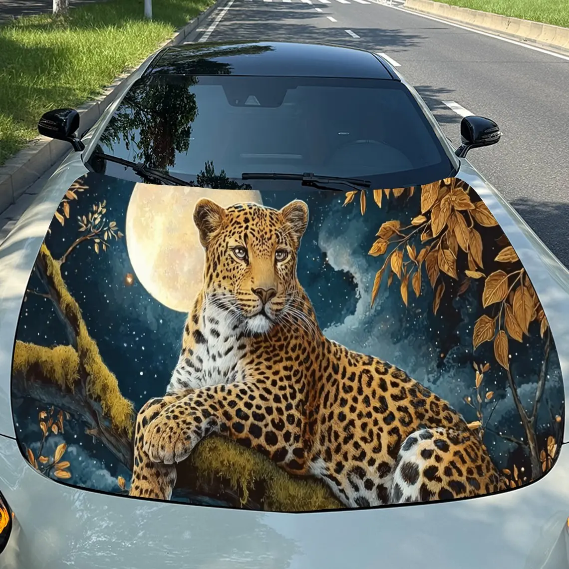 

The Wolf Under The Full Moon Durable Car Hood Stickers, Suitable for Most Vehicles, Ideal Gift, for Exterior Use, Vehicle Hood P