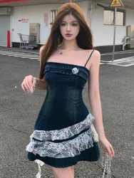 Summer Y2k Slim Cowboy Sling Dress Women France Vintage Off Shoulder Patchwork Dresses Female Hot Chick Thin Sleeveless Clothing