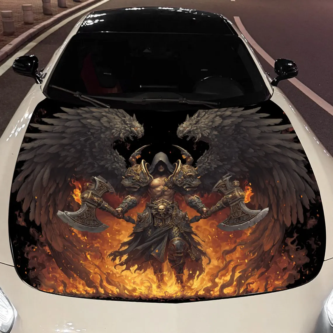 

Flame Double - Axe War God Car Vinyl Wrap, PVC Material Waterproof Car Hood Sticker, Self-Adhesive Scratch-Resistant Stickers fo