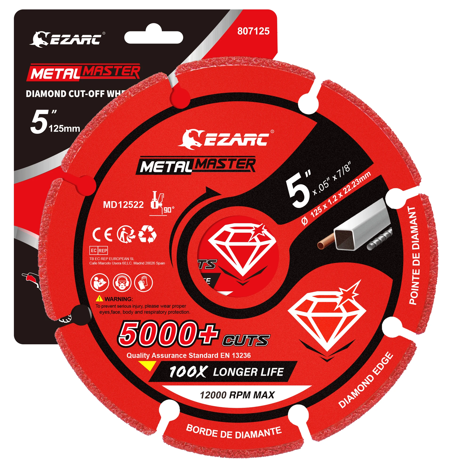 EZARC Rueda de corte de diamante 125 mm x 1,2 mm x 22,23 mm Disco de corte de diamante para metal, rueda de corte con más de 5000 cortes en barra de refuerzo de acero y hierro