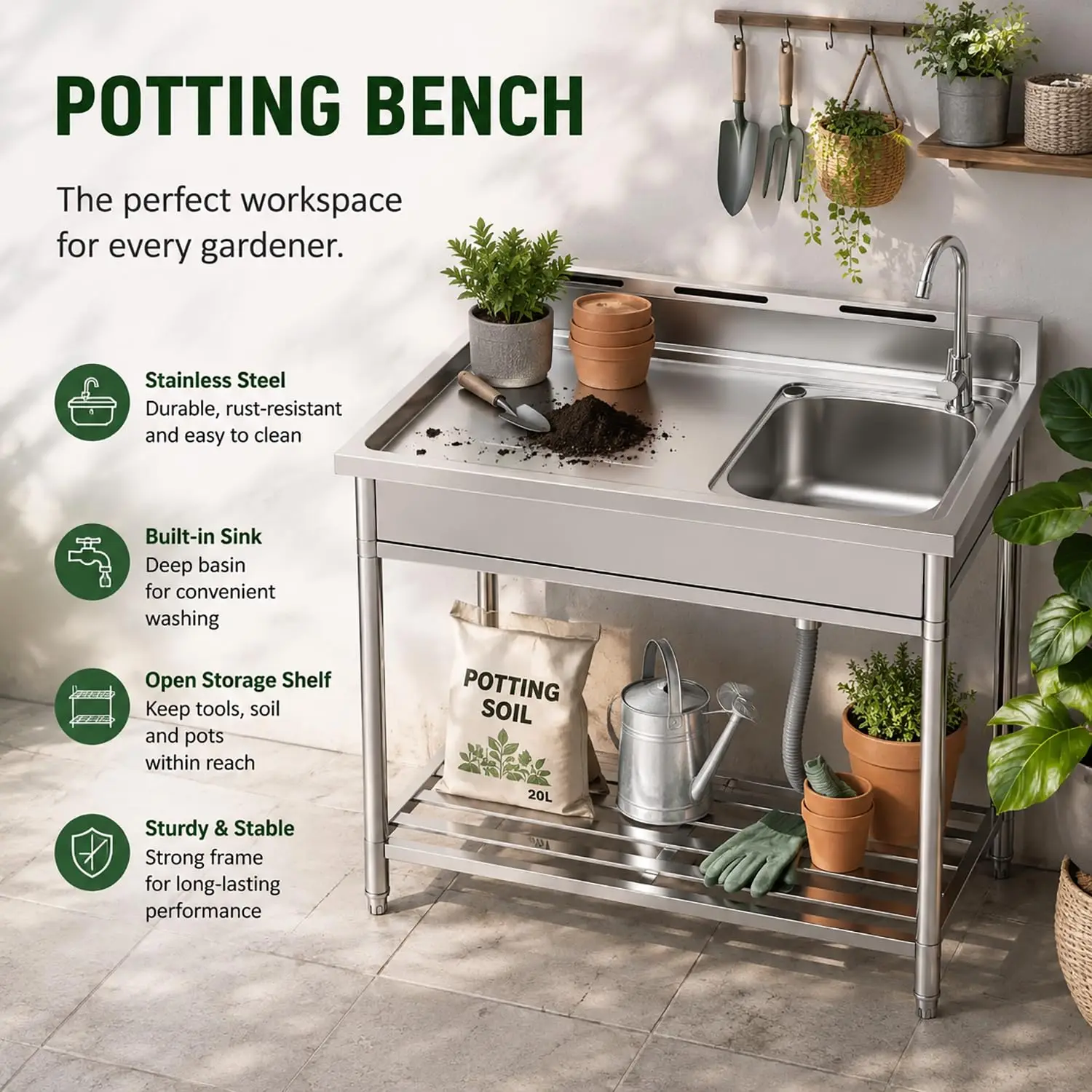 Stainless Steel Potting Table 39 Inch with Sink & Workstation for Outdoor Garden Utility Garage Laundry Basement, Customized
