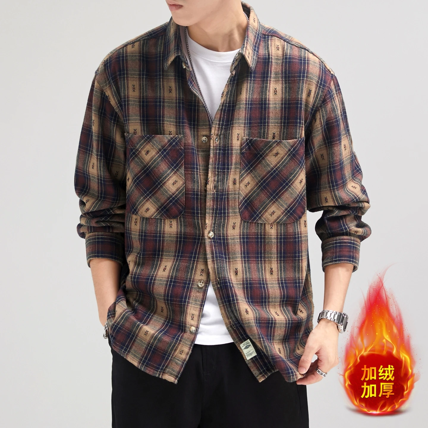 Men Autumn Winter Fleece Thicken Warm Long Sleeve Loose Casual Plaid Shirts Cityboy Streetwear Shirt Coat Outerwear