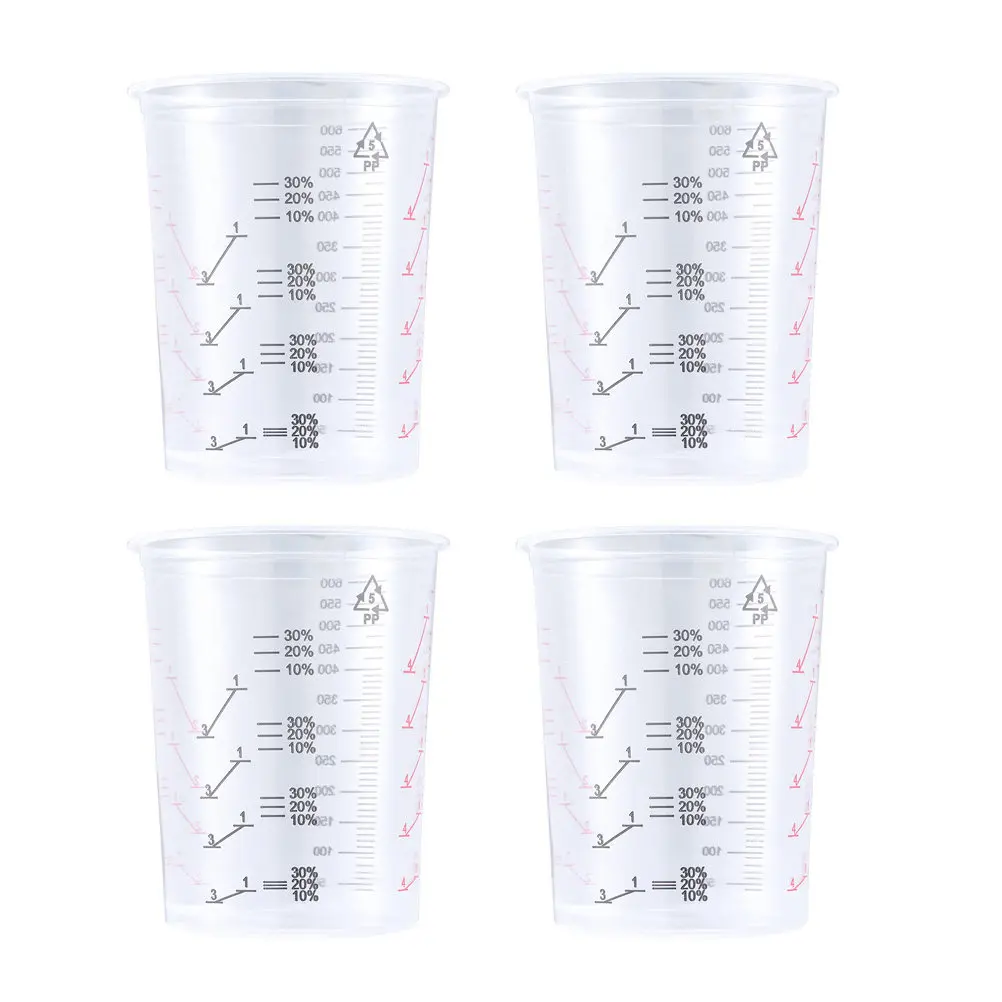 4pcs 600Ml Transparent Plastic Measuring Cups Oil Paint Storage Graduated Scale Acid Alkali Resistant Heatproof Wide Mouth