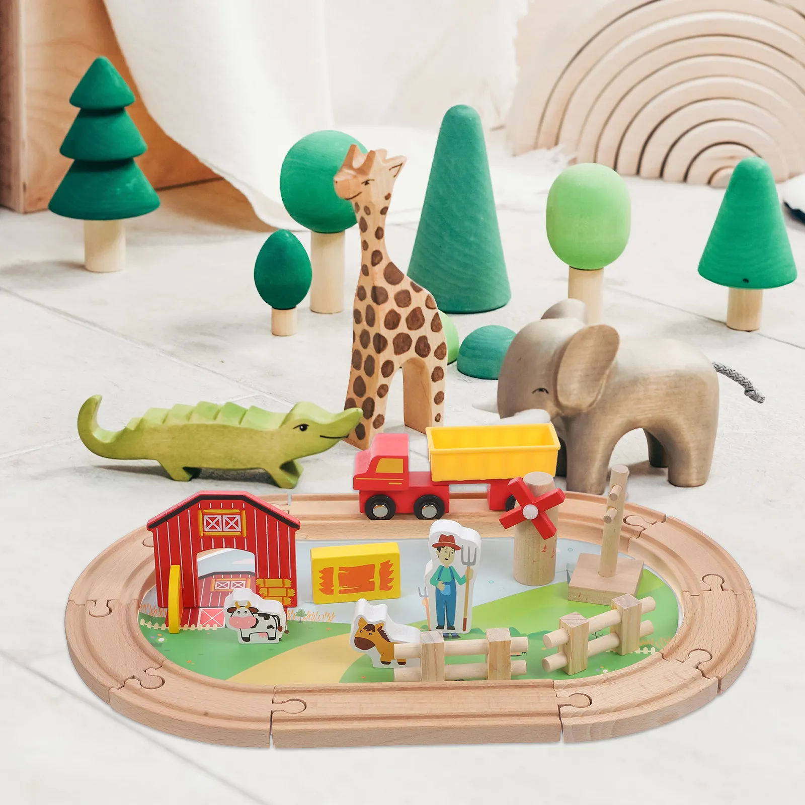 

1Set Wooden Train Track Farm Animals Educational Cognition Playset Toddler Boys Girls Preschool Gift Toddler Train Set