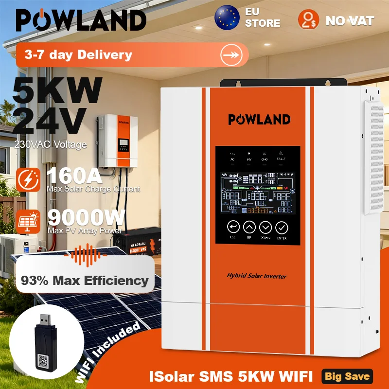 Convertisseur solaire hybride POWLAND 5000W MPPT 24V à onde sinusoïdale pure, 9000VA, entrée PV 500V, contrôleur solaire 160A avec WIFI