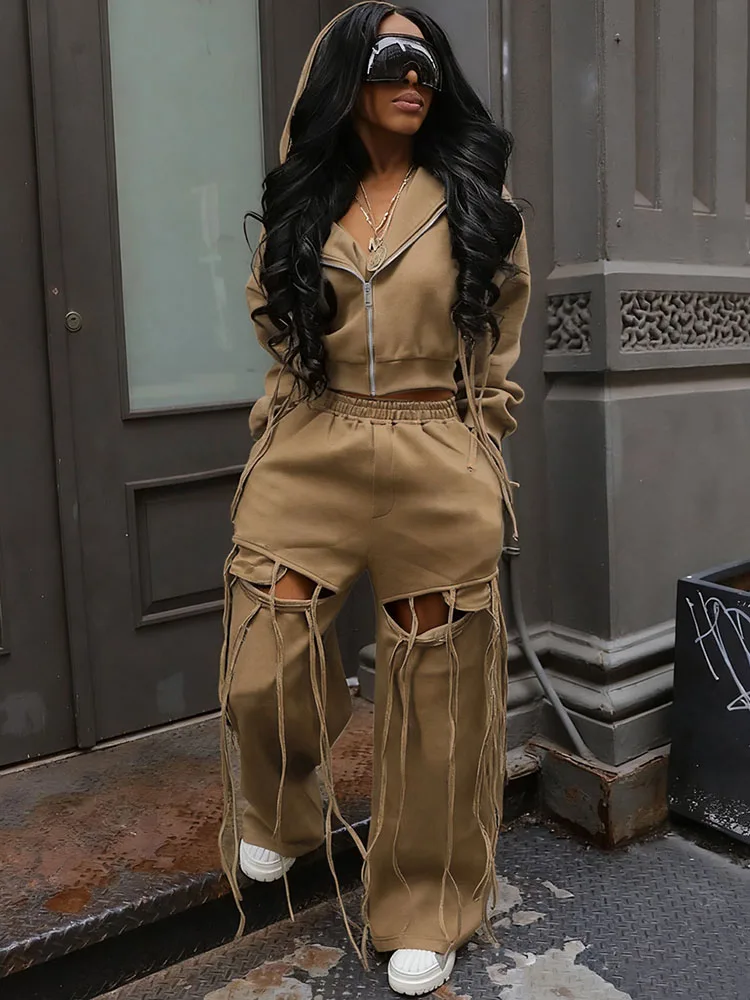 الشارع الشهير قطعتين مجموعة امرأة رياضية ركض تجريب سستة طويلة الأكمام مقنعين سترة ثقب شرابة Sweatpants فرقة الرياضة #3