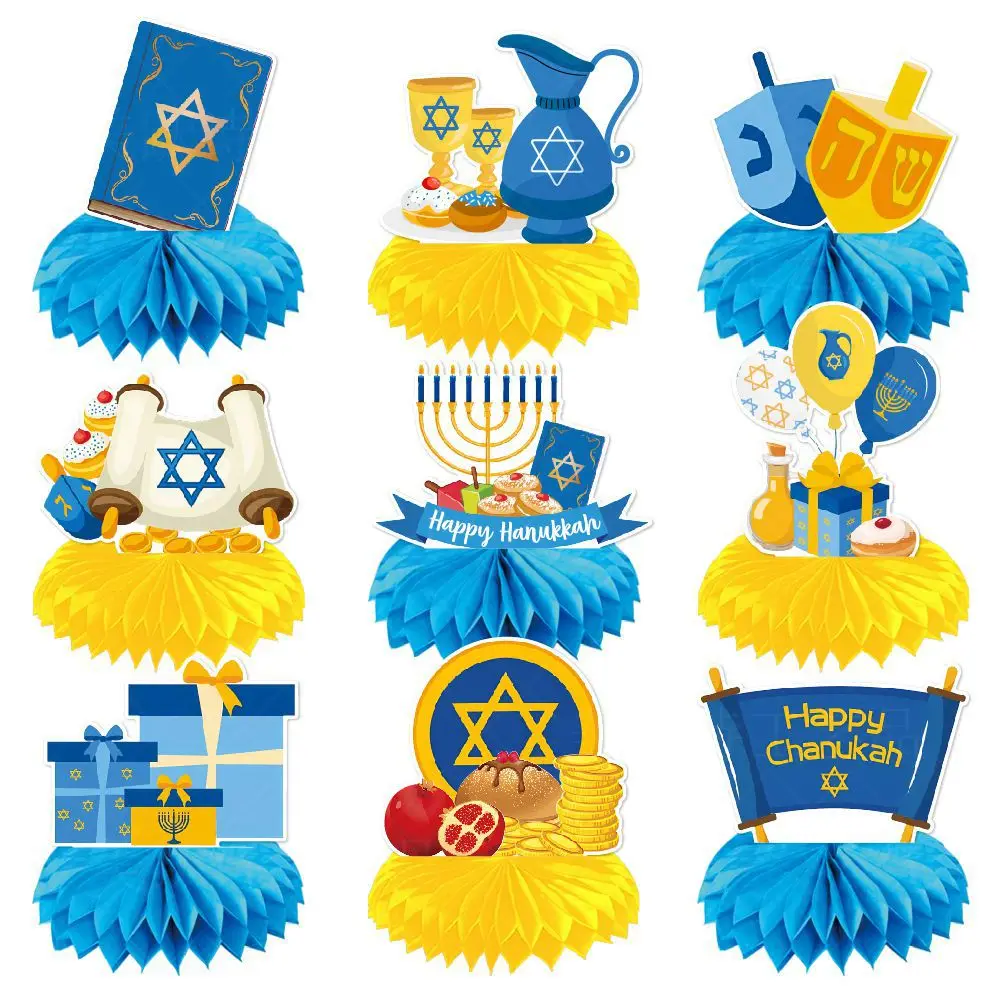 9pcs/set Jewish Hanukkah Table DIY Honeycomb Ornament Paper New Year Party Scene Arrangement Tabletop Birthday Party Decoration