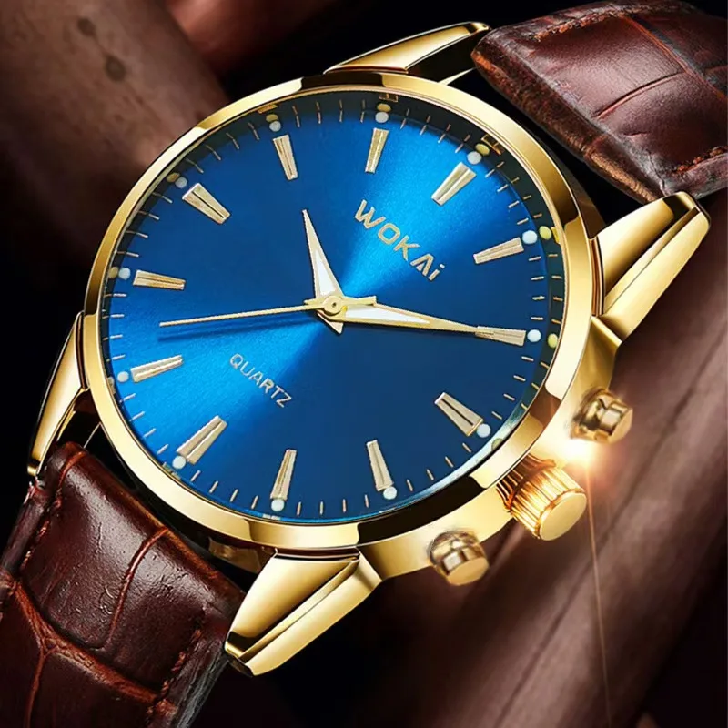 WOKAI high quality fashion men's Business Belt Quartz Watch Boy Ray personality simple student waterproof clock retro classic