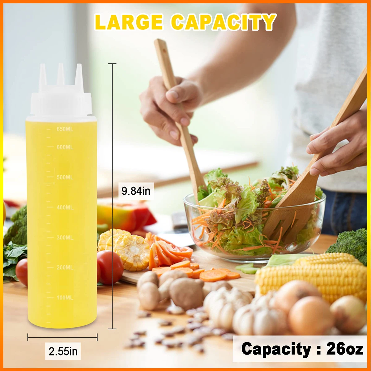 Leak-proof Squeeze Condiment Bottles with Scale, Squirt Bottles, Syrup, Ketchup, Salad Dressing, 3 Holes