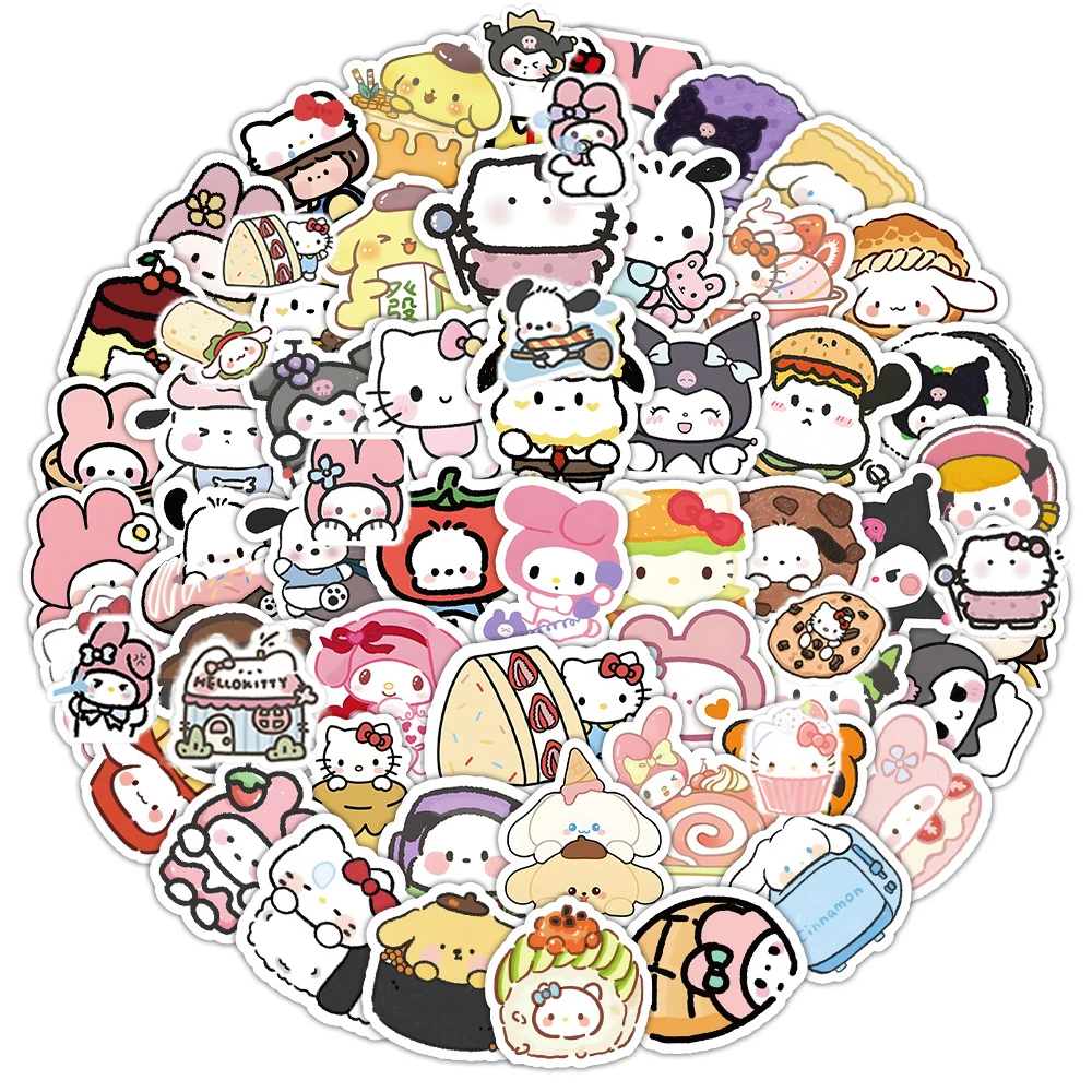 

10/30/60/120pcs Cute Sanrio Series Food Stickers Hello Kitty Kuromi Pochacco Cartoon Sticker Fridge Phone Funny Kids Decals Toy