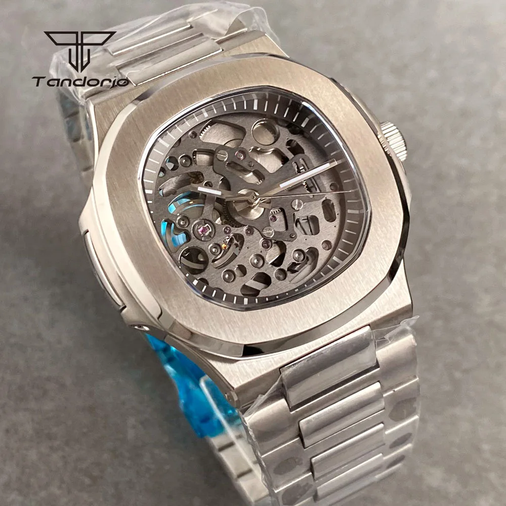 Tandorio Skeleton Mechanical NH72 Stainless Steel 40mm Brushed Square Automatic Watch Sapphire Men's Wristwatch Hollow Dial