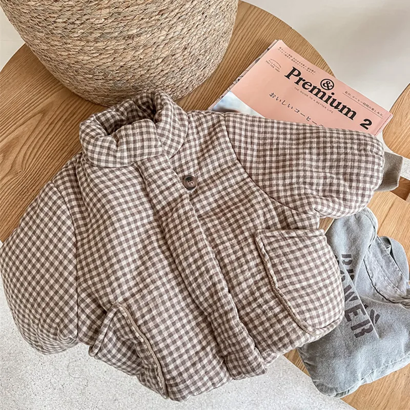 2026 New Winter Toddlers Kids Plaid Thicken Coats Korean Style Fleece Lining Children Warm Outerwear