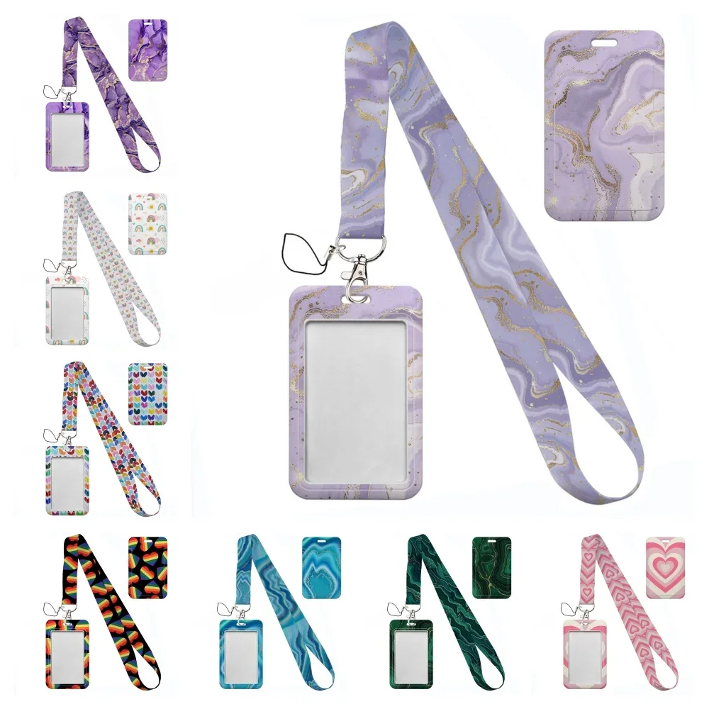 Einfacher Kartenhalter aus Marmor mit Herz-Regenbogen-Motiv, hübsches Hängeseil, Ausweis, Zubehör, Halter, Umhängeband, Studentenbus, Passr-Etui