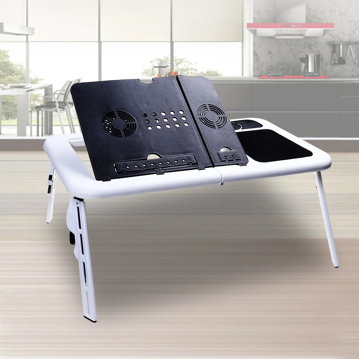 طوي طاولة كمبيوتر محمول صينية مكتب أسود أبيض قابل للتعديل ارتفاع زاوية مروحة التبريد عدم الانزلاق الساقين الماوس منصة مراوح مزدوجة برودة
