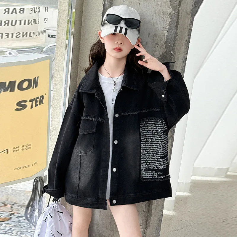 

Джинсовое пальто для девочек-подростков, осенний детский топ с длинными рукавами и буквенным принтом для девочек-подростков, однобортная свободная верхняя одежда