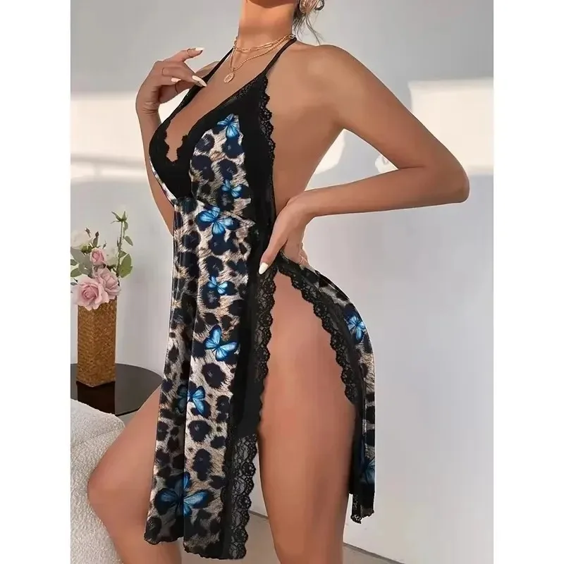 Leopard Print Butterfly Chemise for Women Lace Trim Halter Neck Backless High Slit Sleepwear Dress for Nightwear 6
